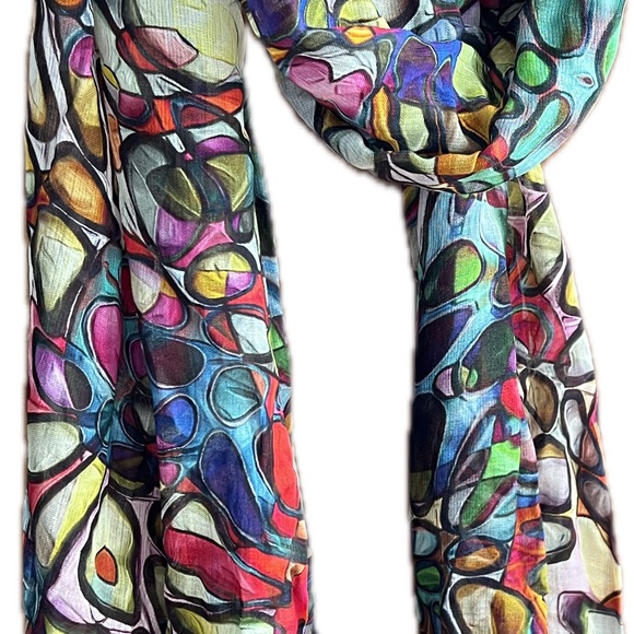 ⭕️Vibrant Multicolor Modal/Silk Oblong Lightweight Circle Design Scarf—Namaskar - Picture 7 of 17